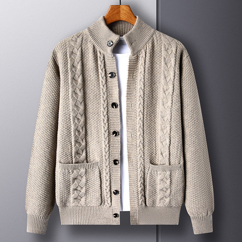 Men's Autumn Jacquard Knit Cardigan, Retro Style, Button Closure, Pockets, and Loose Fit.