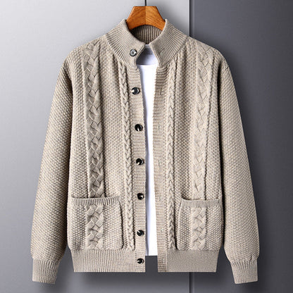 Men's Autumn Jacquard Knit Cardigan, Retro Style, Button Closure, Pockets, and Loose Fit.