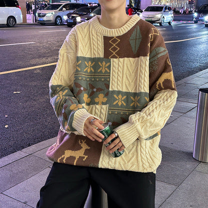 Jersey de hombre, suéter de cuello redondo, ajuste holgado, manga larga