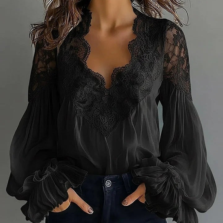 Women's Long Sleeve Shirt with Lace Insert and Ruffles on the Shoulders