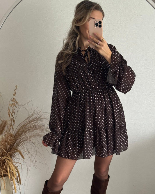Vestido de verano para mujer con lunares marrones, cintura elástica y mangas largas