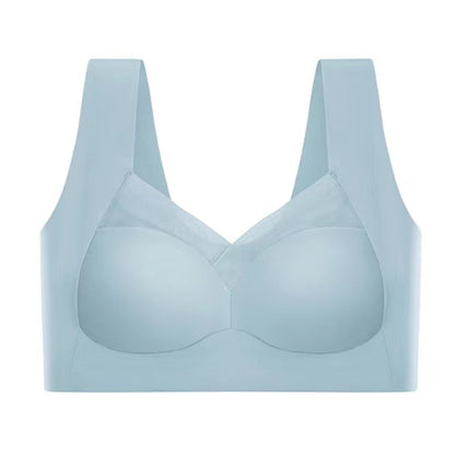 Reggiseno sportivo blu chiaro senza cuciture, design a V, spalline larghe, supporto confortevole. Intimo donna fitness, moda activewear.