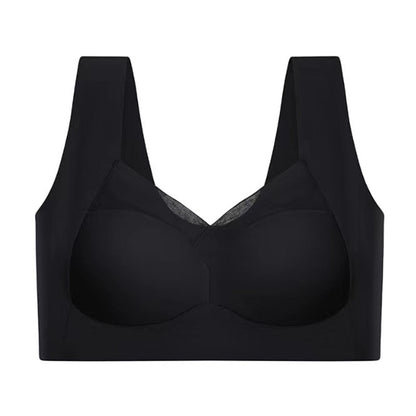 Reggiseno sportivo nero senza cuciture, design confortevole e supporto ottimale. Intimo fitness donna, tessuto traspirante e elasticizzato.
