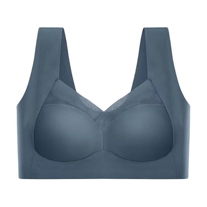 Reggiseno sportivo blu scuro senza cuciture, design a coppa piena, spalline larghe, supporto confortevole, ideale per attività sportive e quotidiane.