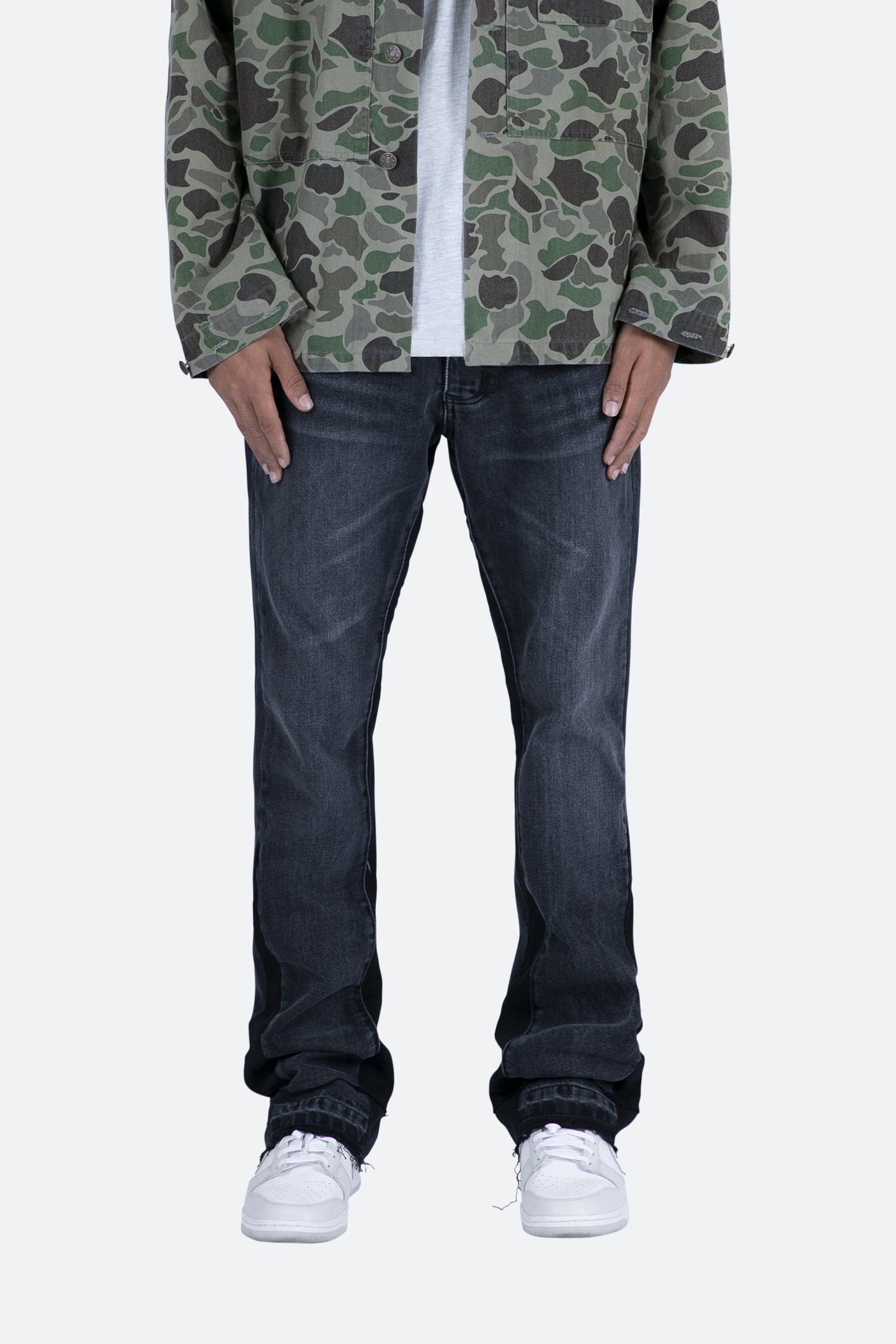 Men’s Bell-Bottom Jeans in Washed Black Denim with Contrasting Inserts