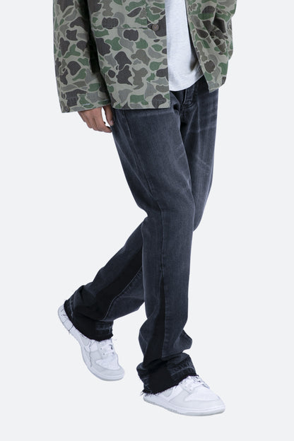 Men’s Bell-Bottom Jeans in Washed Black Denim with Contrasting Inserts