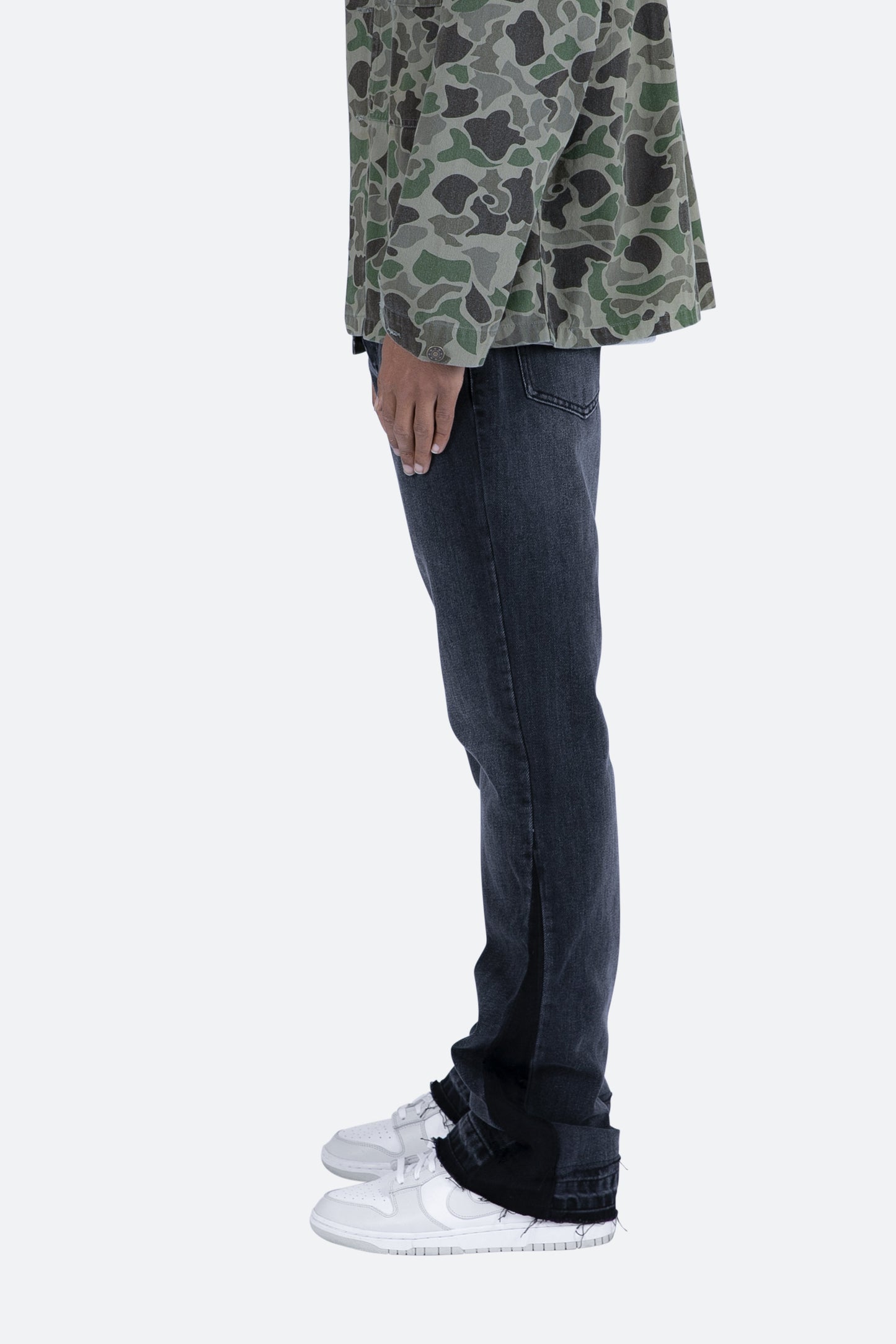 Men’s Bell-Bottom Jeans in Washed Black Denim with Contrasting Inserts