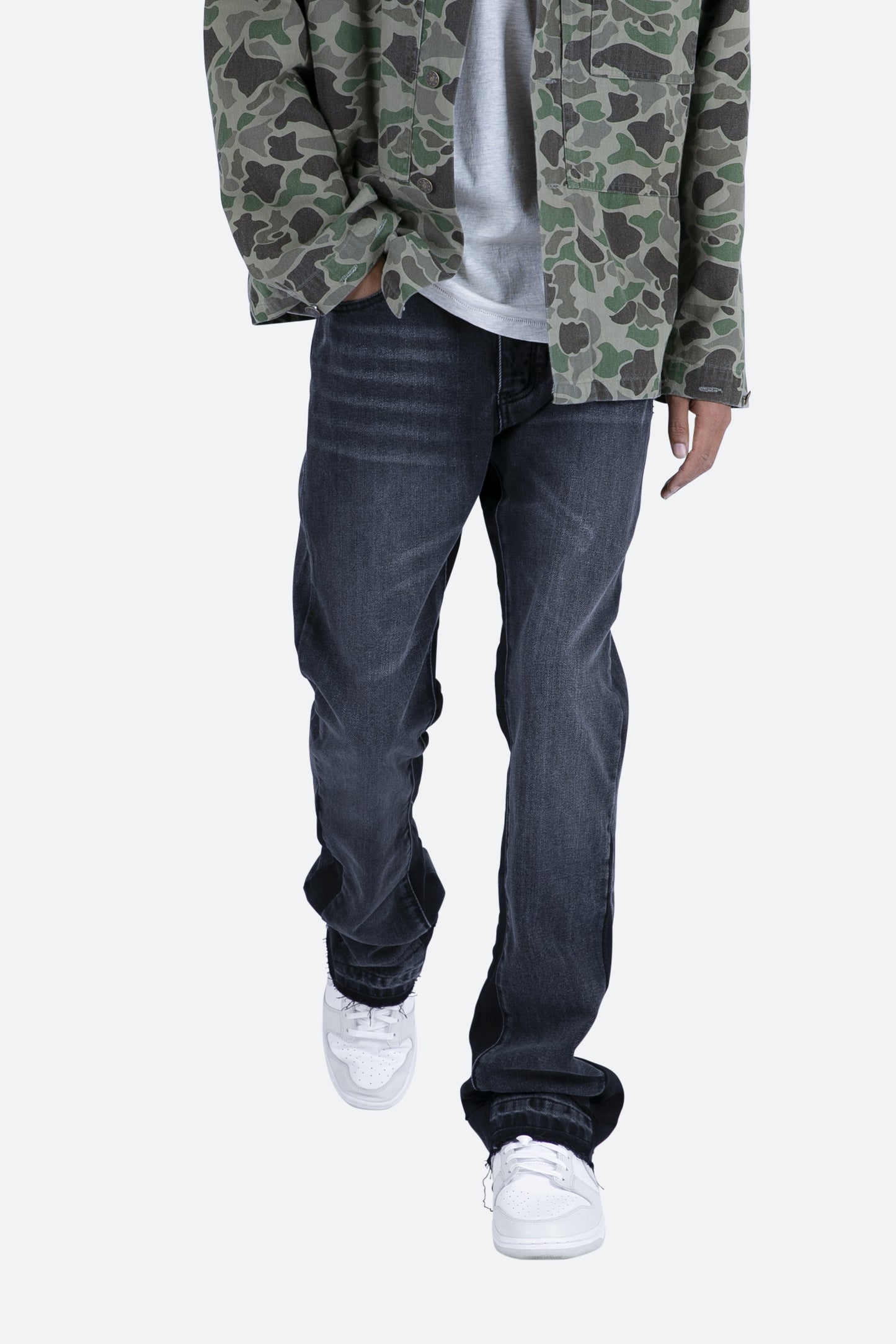 Men’s Bell-Bottom Jeans in Washed Black Denim with Contrasting Inserts