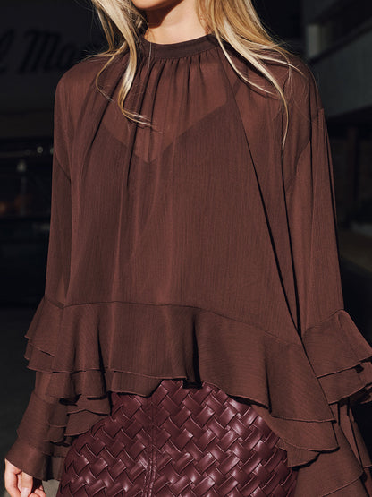 Blusa Donna Balze Sovrapposte Maniche Lunghe Semitrasparenti Girocollo