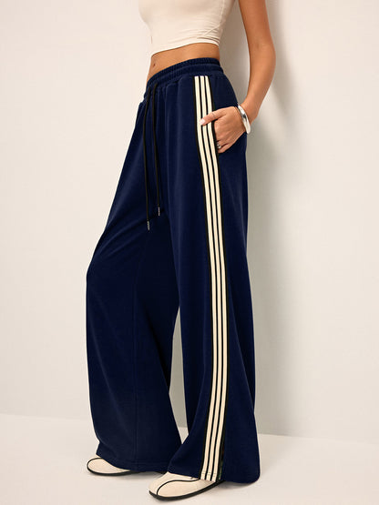 Pantaloni della Tuta Donna a Gamba Larga con Banda Laterale, Vita Media Elasticizzata e Leggera Elasticità