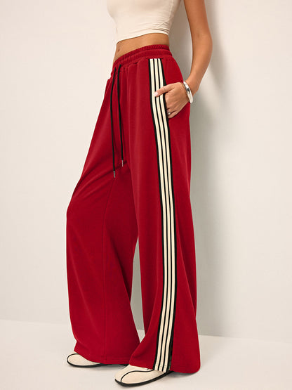 Pantaloni della Tuta Donna a Gamba Larga con Banda Laterale, Vita Media Elasticizzata e Leggera Elasticità