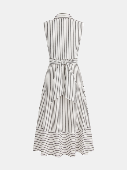 Women's Sleeveless Midi Dress with Collar, Waist Belt, and Striped Pattern – Elegant Everyday Wear