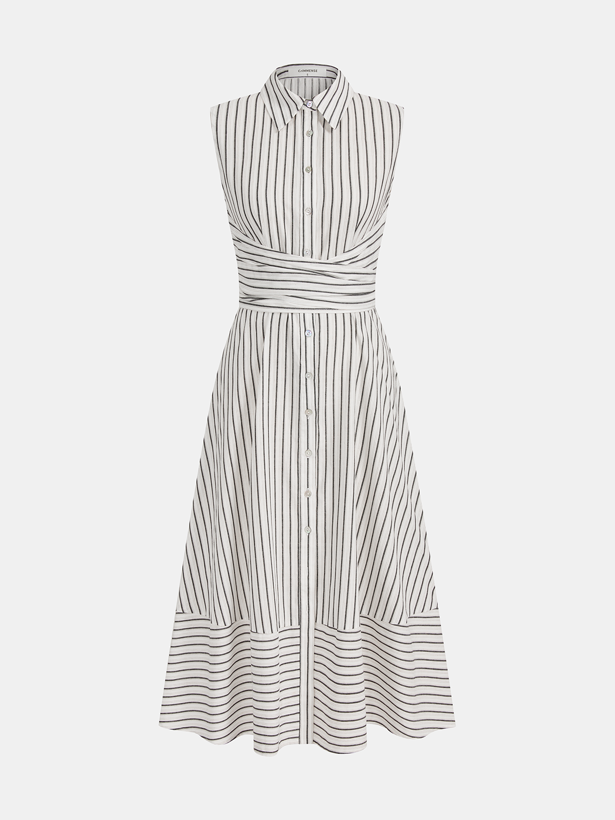 Women's Sleeveless Midi Dress with Collar, Waist Belt, and Striped Pattern – Elegant Everyday Wear