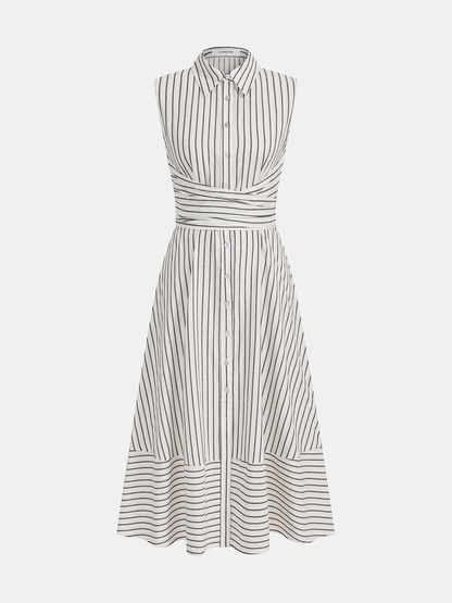 Women's Sleeveless Midi Dress with Collar, Waist Belt, and Striped Pattern – Elegant Everyday Wear