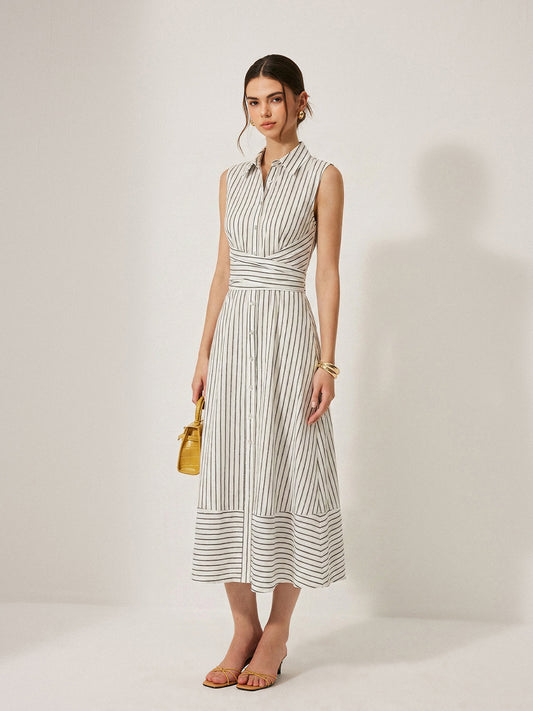 Women's Sleeveless Midi Dress with Collar, Waist Belt, and Striped Pattern – Elegant Everyday Wear
