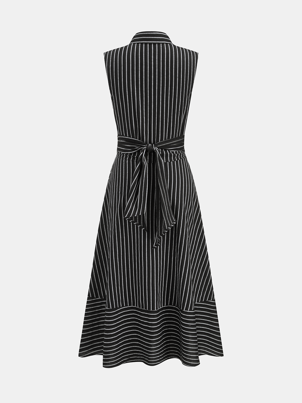 Women's Sleeveless Midi Dress with Collar, Waist Belt, and Striped Pattern – Elegant Everyday Wear