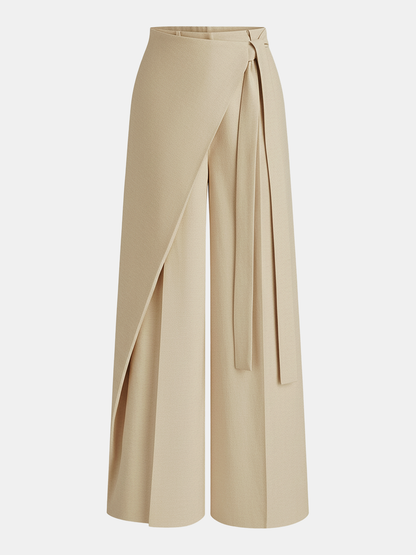 Women's Asymmetric Wide-Leg Trousers with a Tie Belt and Pleated Design