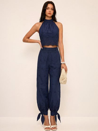 Women's Two-Piece Set with Perforated Top and Pants with Ankle Ties – Regular Fit