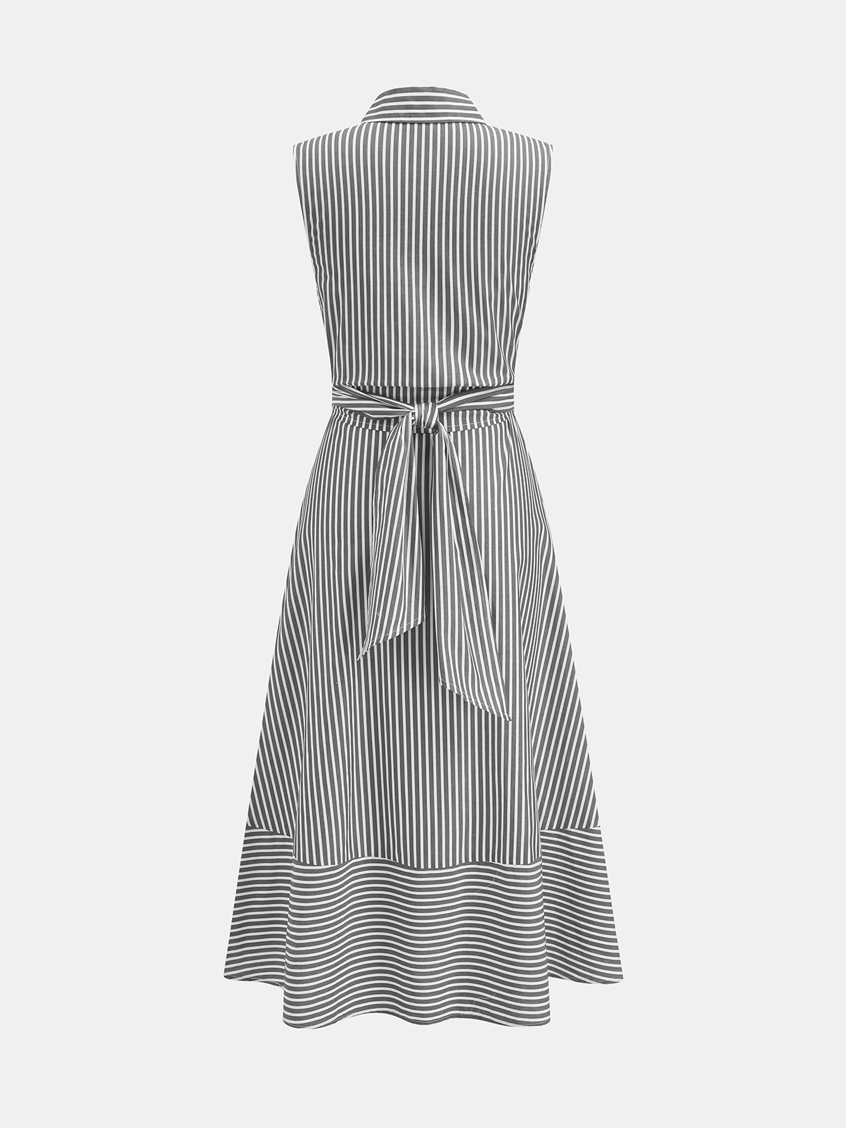 Women's Sleeveless Midi Dress with Collar, Waist Belt, and Striped Pattern – Elegant Everyday Wear
