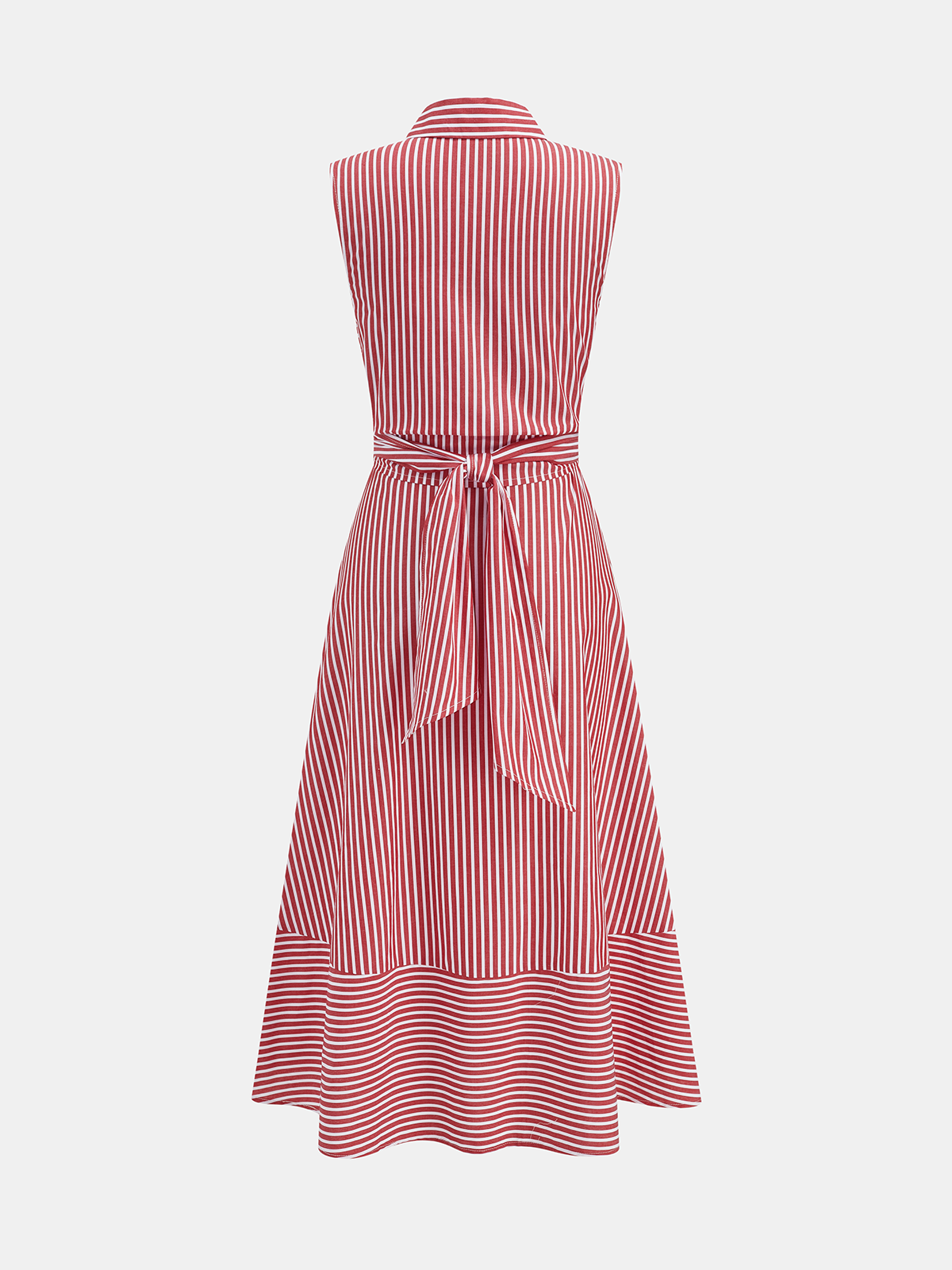 Women's Sleeveless Midi Dress with Collar, Waist Belt, and Striped Pattern – Elegant Everyday Wear