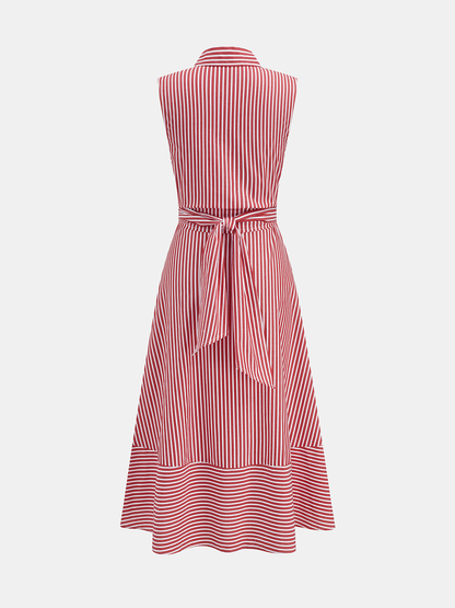 Women's Sleeveless Midi Dress with Collar, Waist Belt, and Striped Pattern – Elegant Everyday Wear
