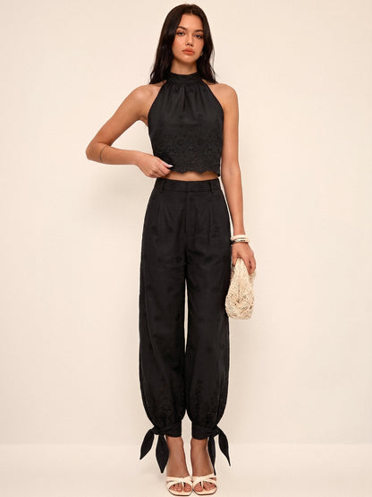 Women's Two-Piece Set with Perforated Top and Pants with Ankle Ties – Regular Fit