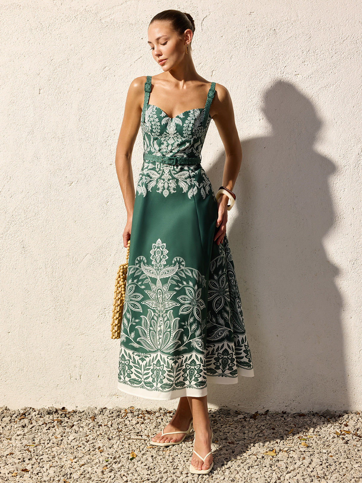 Women's Long Dress with Thin Straps, Belt, and Baroque Floral Print – Elegant Summer Style