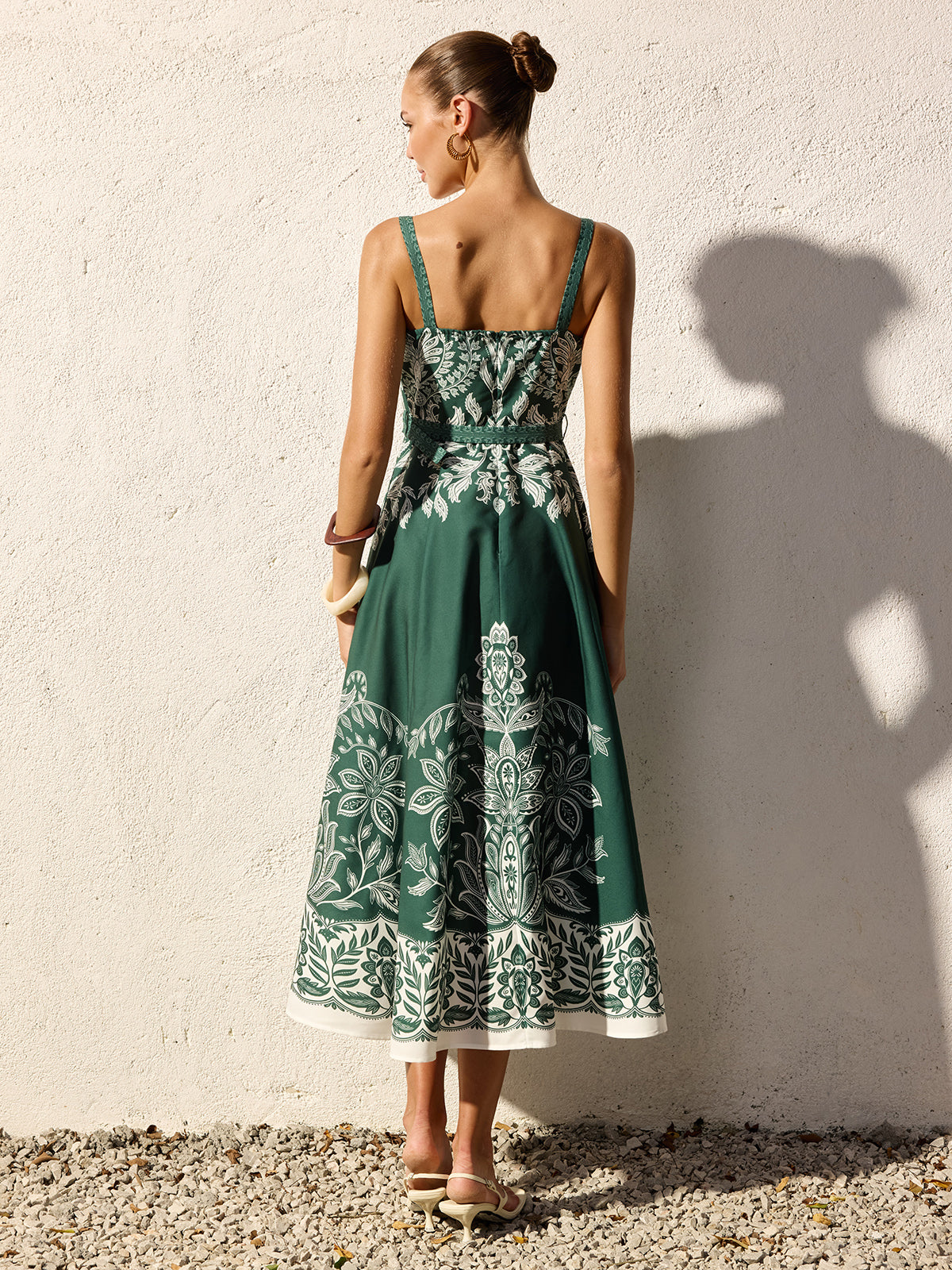 Women's Long Dress with Thin Straps, Belt, and Baroque Floral Print – Elegant Summer Style