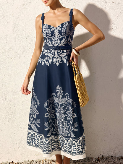 Women's Long Dress with Thin Straps, Belt, and Baroque Floral Print – Elegant Summer Style