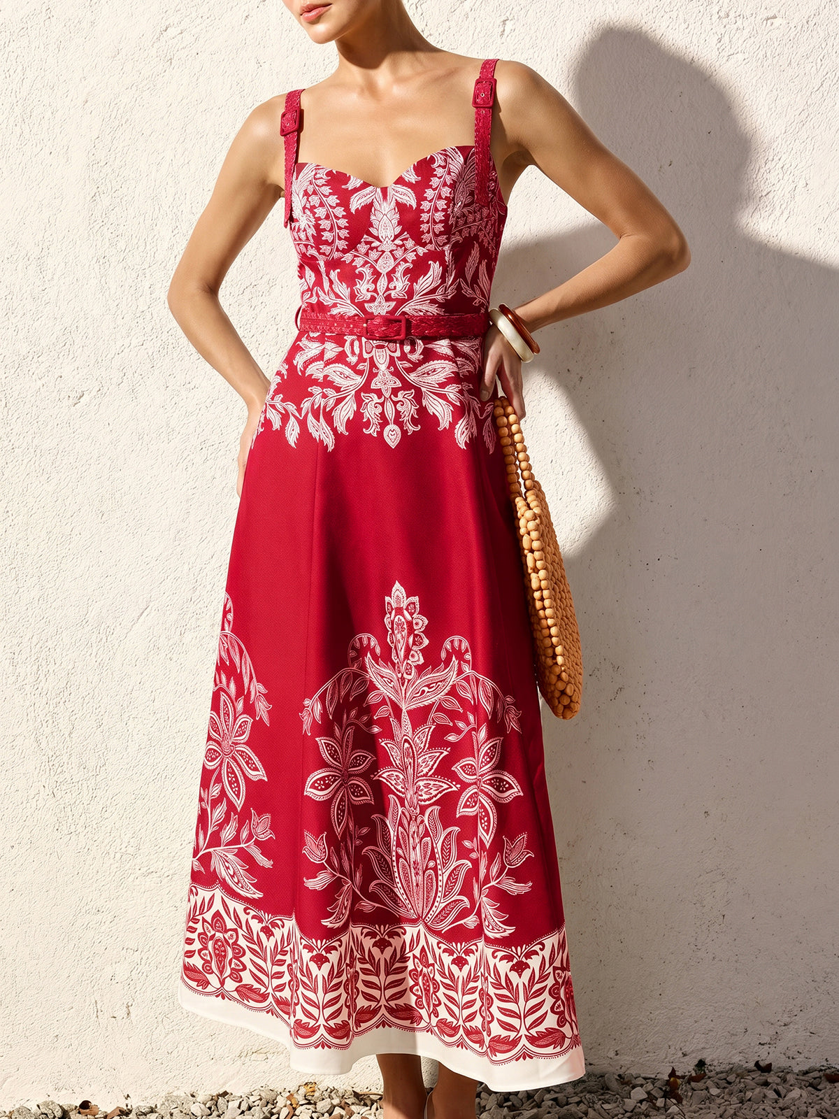 Women's Long Dress with Thin Straps, Belt, and Baroque Floral Print – Elegant Summer Style