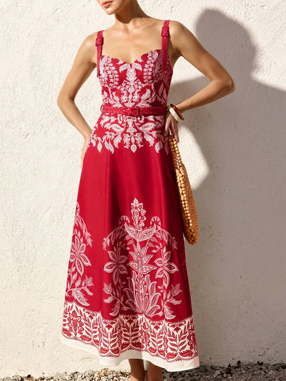 Women's Long Dress with Thin Straps, Belt, and Baroque Floral Print – Elegant Summer Style