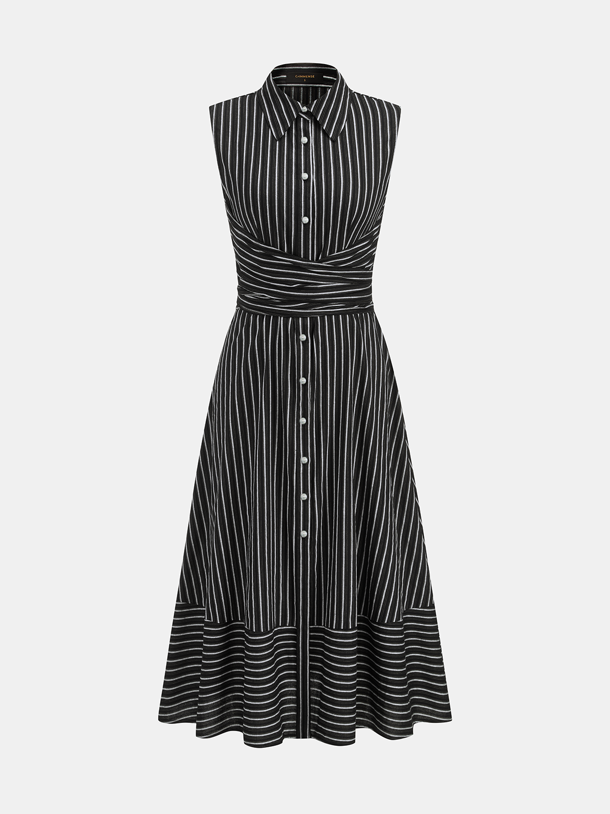 Women's Sleeveless Midi Dress with Collar, Waist Belt, and Striped Pattern – Elegant Everyday Wear