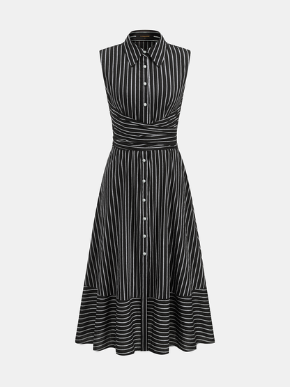 Women's Sleeveless Midi Dress with Collar, Waist Belt, and Striped Pattern – Elegant Everyday Wear