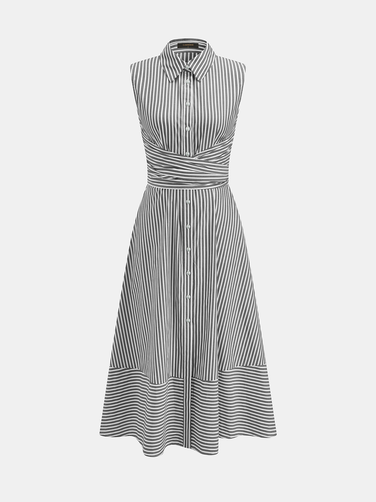 Women's Sleeveless Midi Dress with Collar, Waist Belt, and Striped Pattern – Elegant Everyday Wear
