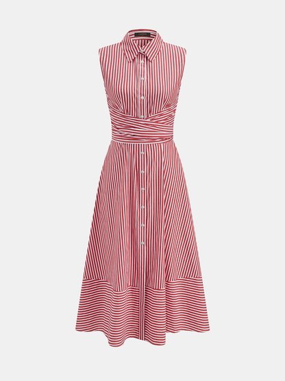 Women's Sleeveless Midi Dress with Collar, Waist Belt, and Striped Pattern – Elegant Everyday Wear