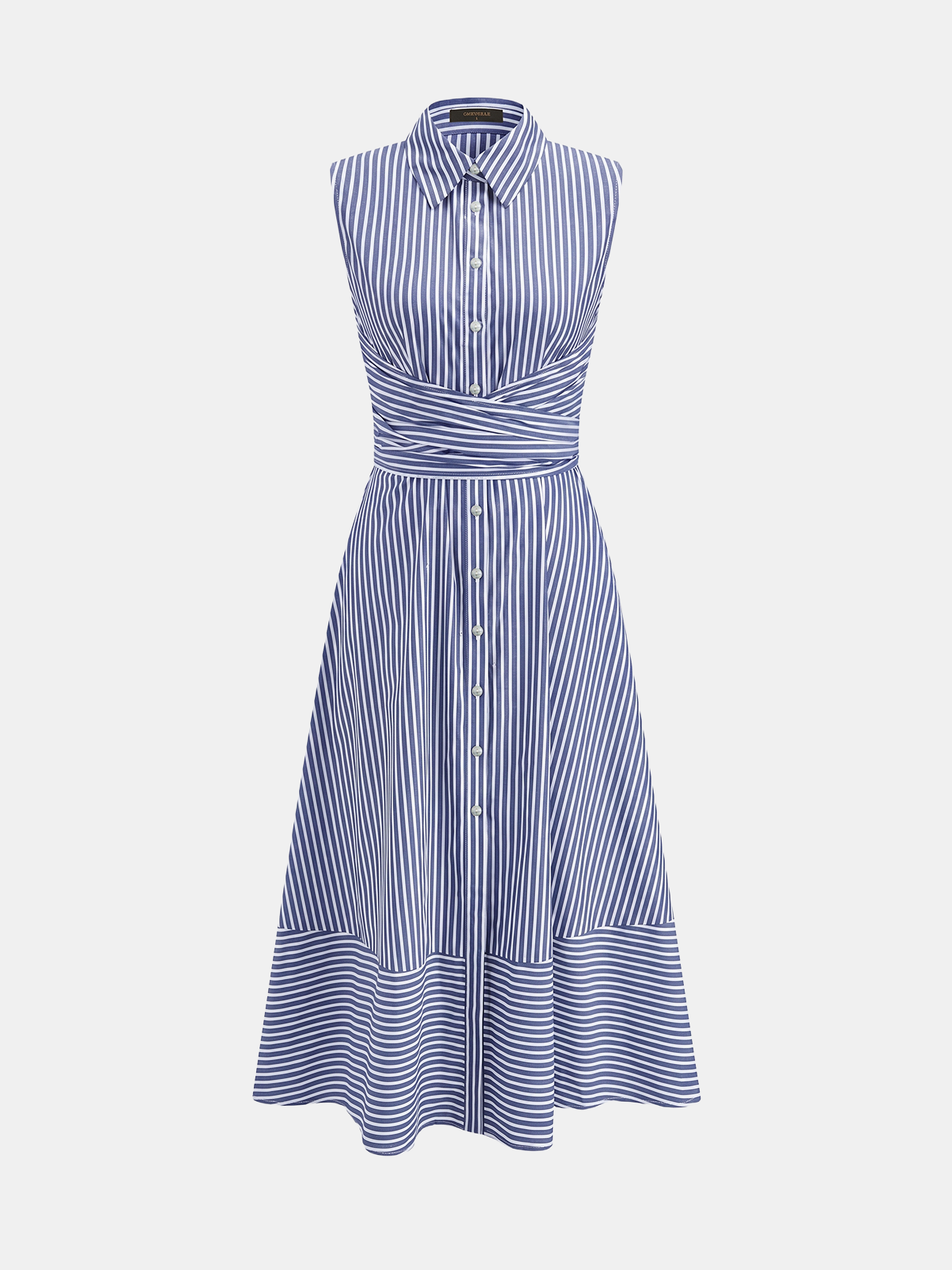 Women's Sleeveless Midi Dress with Collar, Waist Belt, and Striped Pattern – Elegant Everyday Wear