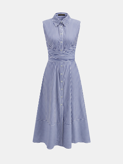 Women's Sleeveless Midi Dress with Collar, Waist Belt, and Striped Pattern – Elegant Everyday Wear