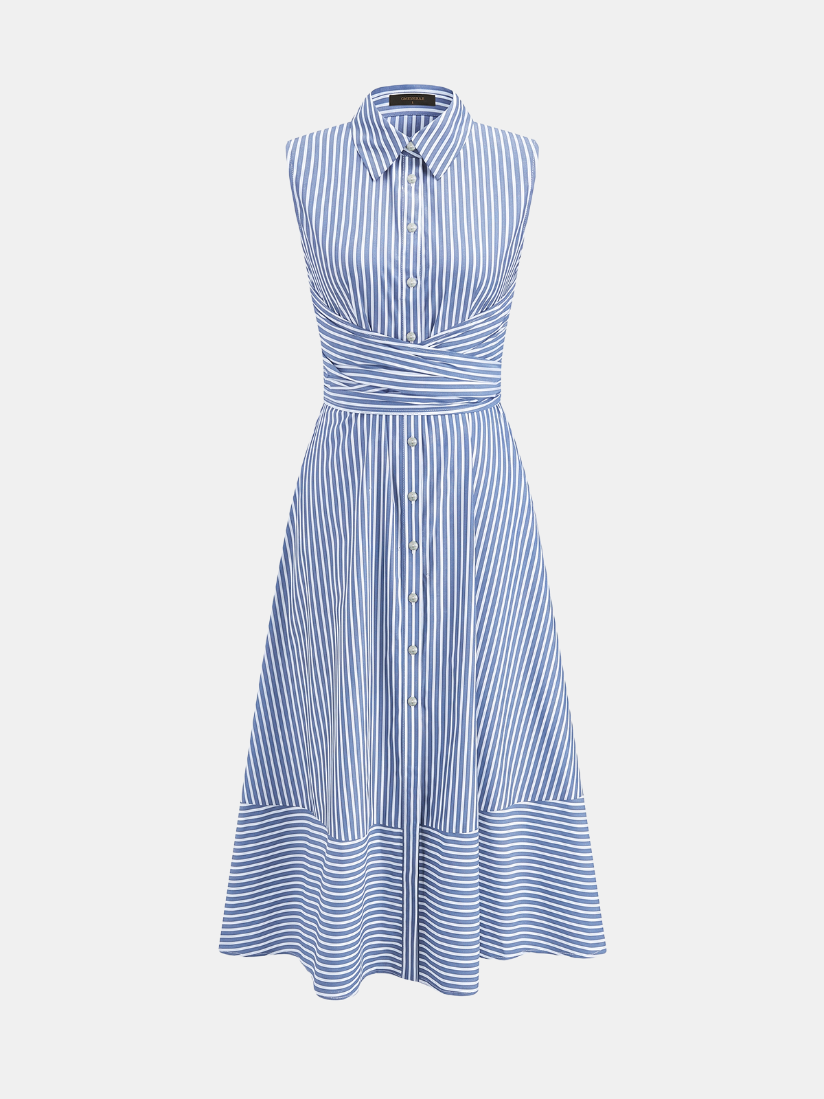 Women's Sleeveless Midi Dress with Collar, Waist Belt, and Striped Pattern – Elegant Everyday Wear