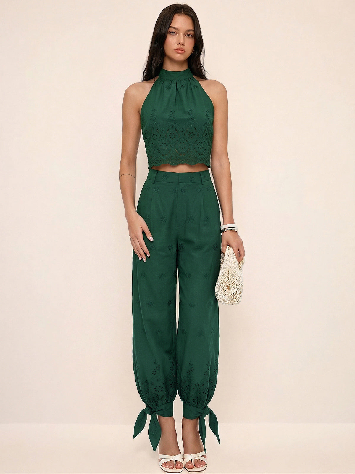Women's Two-Piece Set with Perforated Top and Pants with Ankle Ties – Regular Fit