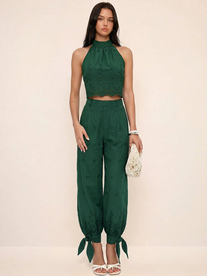 Women's Two-Piece Set with Perforated Top and Pants with Ankle Ties – Regular Fit