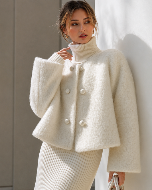 Women's short winter coat in faux fur with button details, a loose fit, and long sleeves.