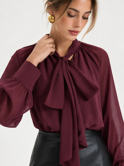 Women's Fuchsia Chiffon Blouse with Neck Tie and Long Sleeves - Regular Fit
