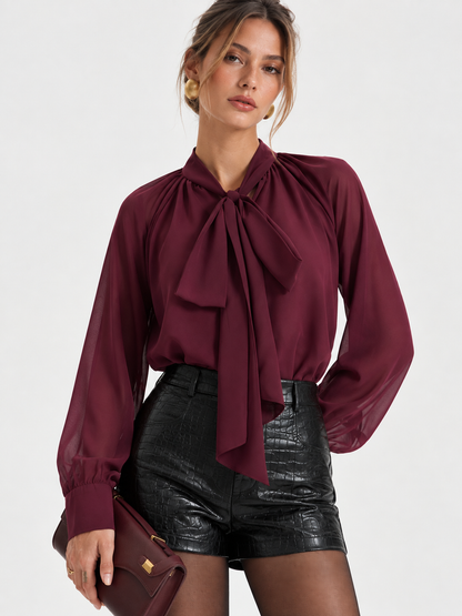 Women's Fuchsia Chiffon Blouse with Neck Tie and Long Sleeves - Regular Fit