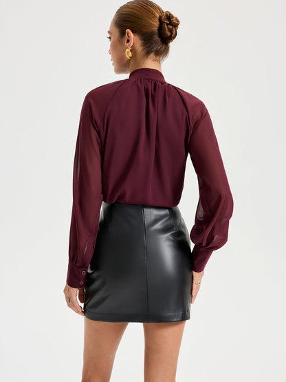 Women's Fuchsia Chiffon Blouse with Neck Tie and Long Sleeves - Regular Fit