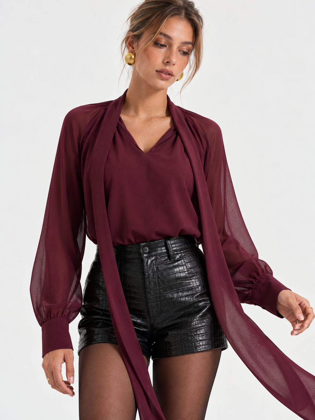 Women's Fuchsia Chiffon Blouse with Neck Tie and Long Sleeves - Regular Fit