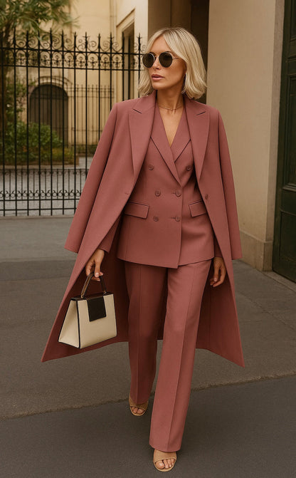 Women's Three-Piece Set: Coat, Blazer, and Regular Fit Pants – Wool Blend