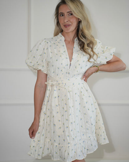 Women's Summer Dress with Floral Print, Puff Sleeves, and Waist Belt – Stretch Fit