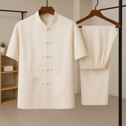 Men's Traditional Summer Set with Bamboo Embroidery and Knotted Closure