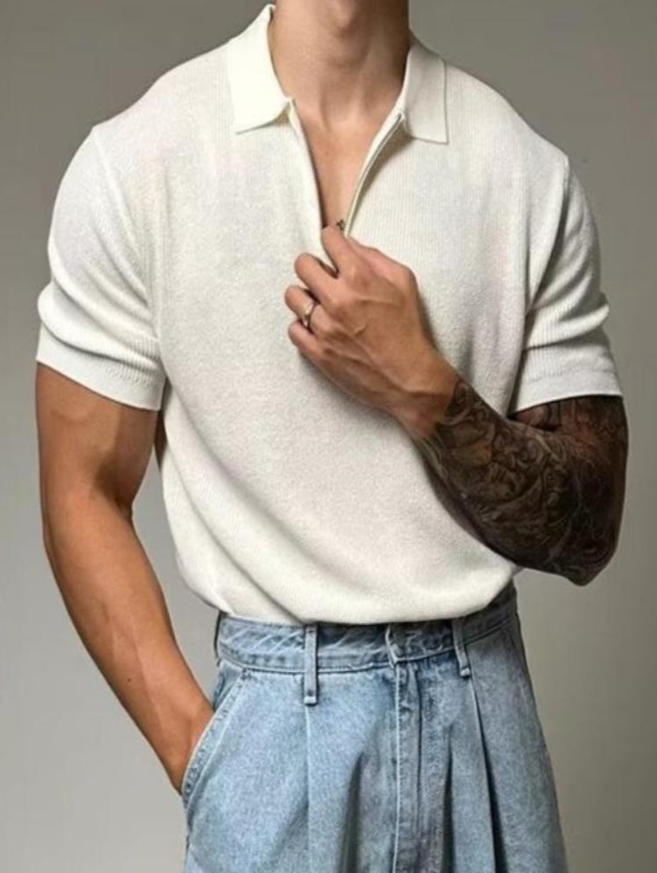 Polo Estiva da Uomo Mezza Zip Maniche Corte Colletto a Rever Vestibilità Comoda