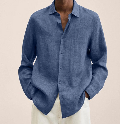 Camicia uomo in lino blu, maniche lunghe, abbottonata, stile casual elegante, perfetta per look estivi e primaverili.